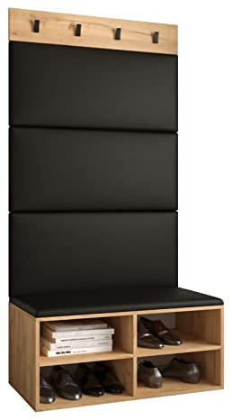 MEBLE KRYSPOL Garderobe MIRO Set 2 mit gepolsterten Paneelen Modern Design (schwarzes Öko-Leder, Eiche Kraft Gold)