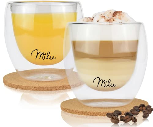 Milu Thermogläser Set – 4 vers. Größen - Doppelwandige Espresso Gläser - Kaffeegläser, Latte Macchiato, Cappuccino Glas - Isolierglas, spülmaschinenfest (2 Gläser, 250ml)