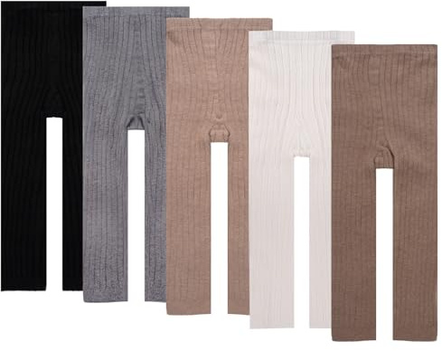 Meeshine Strick-Leggings für Babys, Mädchen, eng, gerippt, fußlos, gestrickt, für 2–8 Jahre, 5 Stück, 5er-Pack, Weiß + Schwarz + Hellgrau + Dunkelrosa + Hautfarben, 2-4 Jahre
