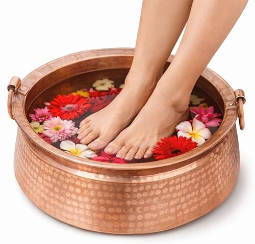 QT Handcarved Pure Copper Nepali Khadkulo – 11-12 Handmade Foot Spa Bowl | Pedicure Soak Basin, Copper Water & Flower Display Bowl for Pooja, Prayer, Arti, Rituals, Ayurveda & Home Décor