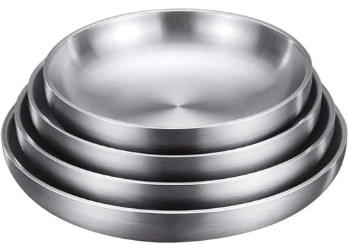 FülleMore 2er Set Essteller doppelwandig Edelstahlteller Frühstücksteller Rund Speiseteller Platzteller Dessertteller Serviertablett für Küche Party Picknick Grillen Camping (19cm)