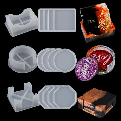 WIKIMO 15 Stück Silikonformen Gießformen für Untersetzer, Epoxidharz Formen, Gießformen Silikon, Silikonform Untersetzer rund Quadrate, Polygone
