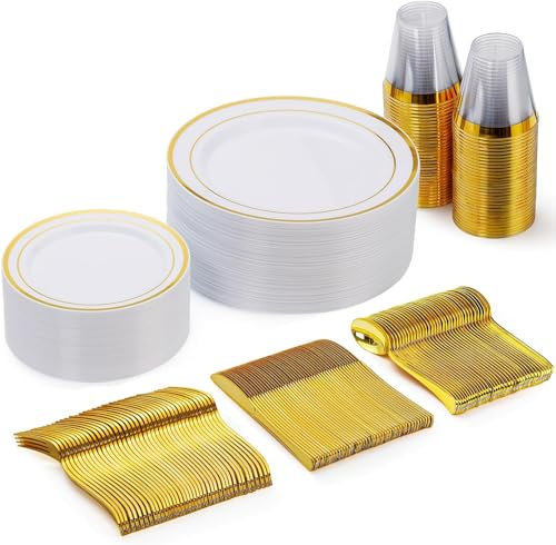 Juego de 150 platos de plástico dorados para 25 invitados, juego de vajilla de plástico multiusos, fiesta, boda, juego de vajilla de platos llanos, cucharas de ensalada, tenedores, cuchillos, tazas