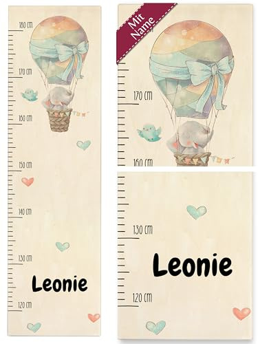 Messlatte Kind Holz - Kindermesslatte Elefant in Heißluftballon mit Name I Geschenk für Kinder - 120-180 cm - Holz - personalisierte geschenke baby elefanten heissluftballon und