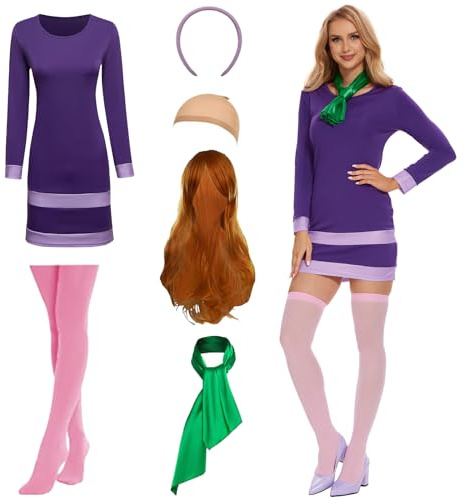 AJGEGJE Halloween Deluxe Adult Costume for Women,Purple Dress, Wigs, Scarf Headband, Women Deluxe Classic Movie Characters Costume for Halloween Cosplay
