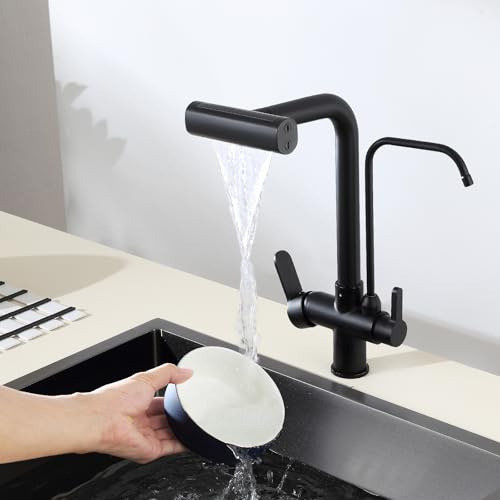 KINKIBOS 3 Wege Wasserhahn Ausziehbar Küche für Wasserfilter, 4 Modi Mischbatterie Küche, Messingkörper, 360° Drehbar, Trinkwasserhahn mit 2 Hebel, Schwarz