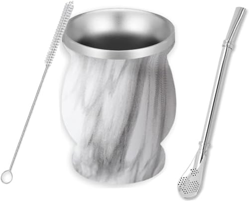 Ruikcoll Taza de mate, juego de tazas de té mate,Vaso Yerba mate de acero inoxidable con pajita de acero inoxidable y cepillo de limpieza , para café,mate, té de frutas (marble color)