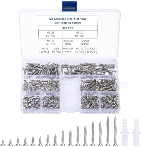Selbstschneidende Schrauben,Edelstahl Blechschrauben Flachkopfschrauben Kreuzschlitzschrauben Holzschrauben Mit Senkkopf Linsenkopf Set mit Aufbewahrungsbox für Holz Kunststoff Blech 420 Stück M3