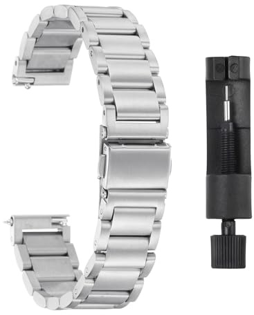 QUARKZMAN 14mm Correas de Reloj de Acero Inoxidable con Metal Mariposa Cierre con Baño de Plata Liberación Rápida Acero Sólido Cadena Tira Repuesto con Adaptador Tono Plateado