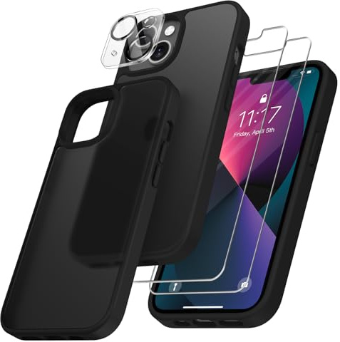 FLLAO 4 en 1 Coque pour iPhone 13 avec 2 Verre Trempé et 1 Caméra Protecteur, [Protection Militaire] Antichoc Antirayures Etui Translucide Mat Protection Housse pour iPhone 13, Noir Vintage