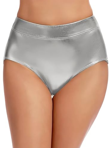 Wildarms Pantalones cortos metálicos para mujer, pantalones cortos brillantes para rave, cintura alta, festivales, baile, Mardi Gras, pantalones cortos (FR/ES, Letras, XXL, Regular, Regular, Plateado)