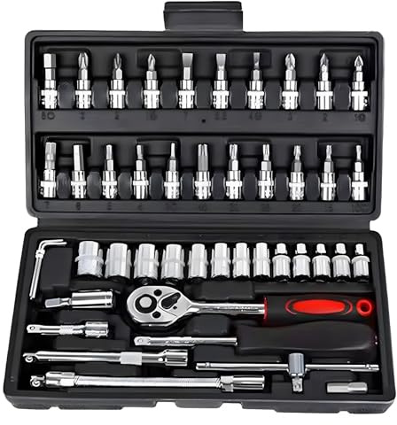 Socket Set 46 Piece 1/4 Inch Tool Sets Ratchet Set for DIY Enthusiasts Car Tools & Equipment Small Socket Set Extension Bars for Household Car Bike Motorbikes Repair - Compact Household Tool Kit