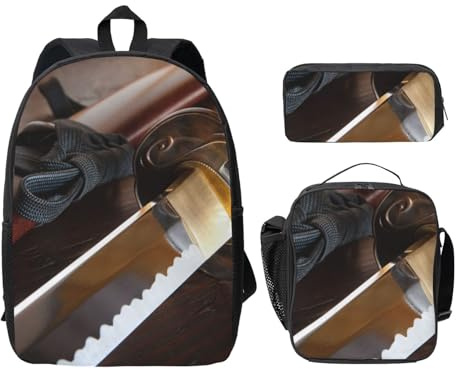 FEYUNYAN Schulrucksack für Mädchen und Jungen, Japan Samurai Schwert Druck Schultasche 3er Set 15 Zoll Laptop Rucksack Isolierte Lunchtasche Federmäppchen Mittelschultasche für Teen Jugend Studenten