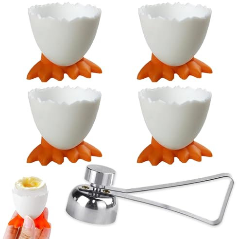 LIURFLNC Lot de 4 coquetiers amusants + 1 ouvre-œufs pour œufs crus, moderne, en plastique bouilli et cuit, pour le petit déjeuner