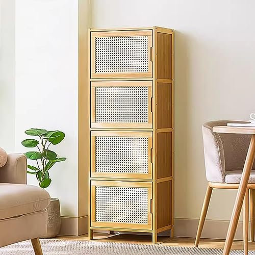 Generisch Moderner Eckschrank aus Bambus mit Türen und Regalen, hoher, schmaler Küchen-/Vorratsschrank für das Wohnzimmer