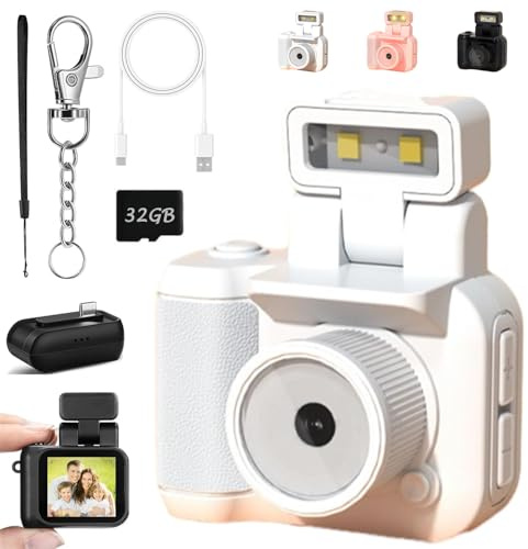 Gen.2 Mini Retro Keychain Camera - Pocket-Sized Fun with Vintage Flair, Portable Small Keychain Camera with 90-Degree Flip Led Flash Light and Multiple Filters for Travel Study Recording (White)