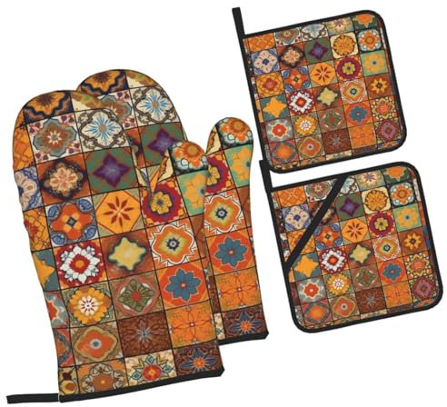 Mitaines De Four Groupe De Géométriques Marocains Anti Chaleur Gauntlet Professionnel Maniques Cuisine pour Four Grillade Barbecue,4 Pièces