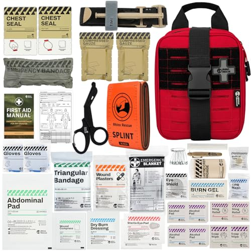 RHINO RESCUE IFAK Erste-Hilfe-Kit, Trauma Notfallversorgung, Rot PRO | vollständige Notfallausrüstung, taktisches Einsatz-Design, schnelle Blutungskontrolle, für Jagd, Camping, Reisen