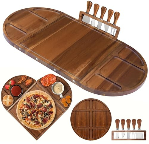 Juego de tablas grandes de madera de acacia de 66 cm x 33 cm con 5 cuchillos de queso y bandeja magnética de 3 secciones, perfecto para despedidas de soltera, inauguraciones de casa y regalos de boda