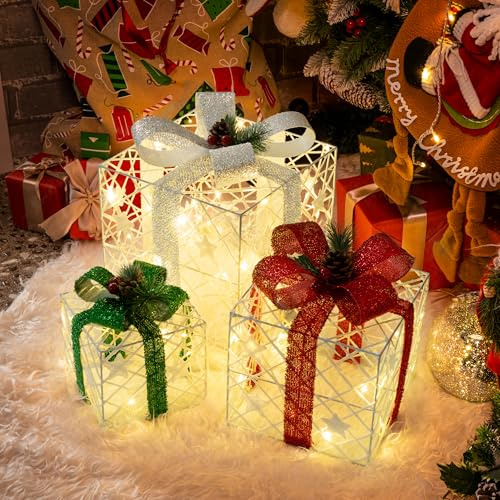 GIGALUMI LED leuchtende Geschenkboxen, 3er Set, 8 Modi 60LED Leuchtend Weihnachtenbox, Weihnachts Dekoration mit Schleife für Party, Haus, Baum, Proch Dekorationen (Farbe)
