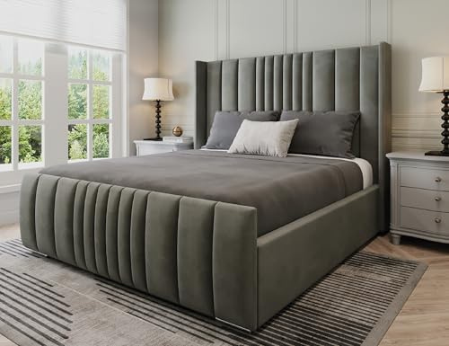 Furnishion Manhattan Double Bed Frame 4ft6, Modern Plush Velvet Upholstered Panelled Design, Luxury 4ft6 Beds Base with High Headboard, Stylish Bed Frame Double for Bedrooms in Grey Plush