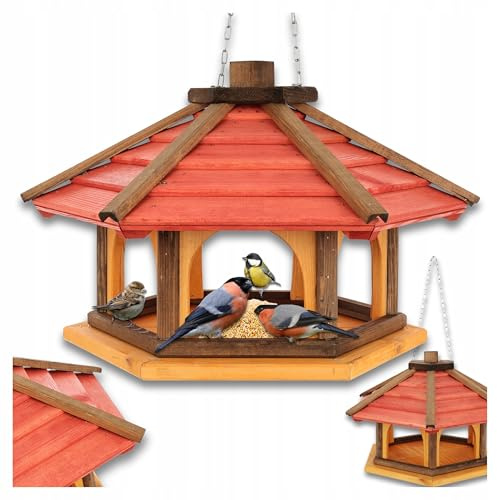 MAZUR Vogelfutterhaus mit Kette 47x31x66 cm Holz Rote Futterhütte zum Hängen im Garten, Hängen Wildvögel für Balkon, Wetterfest