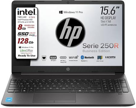 HP 250, Pc portatile notebook, Intel® N150, fino a 3.60 GHz 4Core, Ram 8Gb 3200MHz, SSD 128Gb, Display 15.6 HD Antiriflesso, Win 11 Pro, Lan Rj45 1 Gbit, Type-c, pronto All'uso, Garanzia Italia