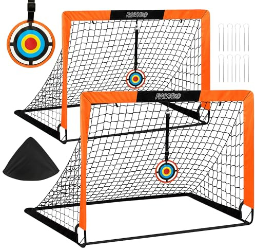 Fitencexu Pop-Up Grind trädgård (120 x 90 x 90 cm) – [set om 2] barn fotbollsmål utomhus med målskivor, robust glasfibermaterial, komplett set med markankare och transportväska (orange)