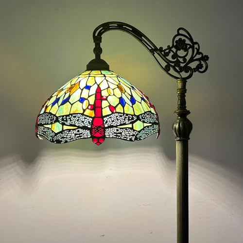 BOTOWI Lámpara de pie Estilo Tiffany Libélula Lámpara de Vidrio Manchado Lámpara arqueada 12X18X63 Cuello de Cisne Esquina Ajustable Luz de Lectura de pie Decoración Dormitorio Sala de Estar,Rojo