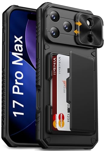 Vihibii for iPhone 17 Pro Max Case with Card Holder (4 Cards), Black | Slide Camera Cover, Military Drop & RFID Protection, Heavy Duty, Shockproof, Silicone Wallet Phone Case for iPhone 17 Pro Max