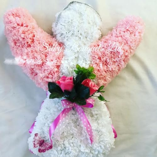 Silky Bouquets Angel Tribute - Artificial Flowers Funeral Memorial - Personalized Sash, Custom Color Wings & Ribbon, Decorative Artificial Flora, 14 for Children's Funeral or Memorial Tribute