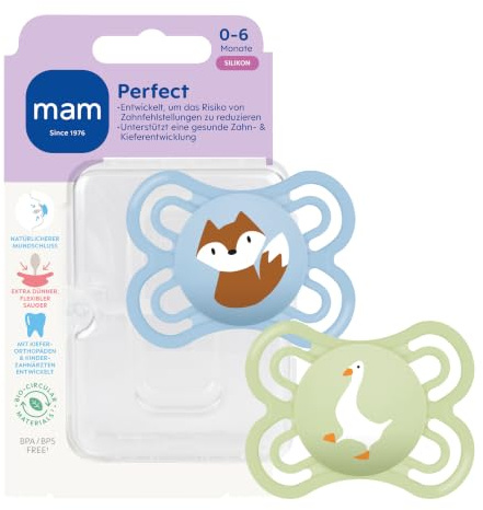 MAM Perfect Schnuller, 0-6 Monate, Fuchs/Gans, 2 Stück | Beugt Zahnfehlstellungen vor, SkinSoft Silikon, Symmetrisches Schild mit Luftlöchern, Inkl. Sterilisierbox