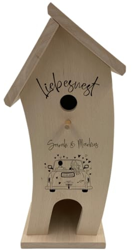 Personalisiertes Vogelhaus zur Hochzeit | Vogelhaus mit Namen als Gravur (Liebesnest V2, Standard)