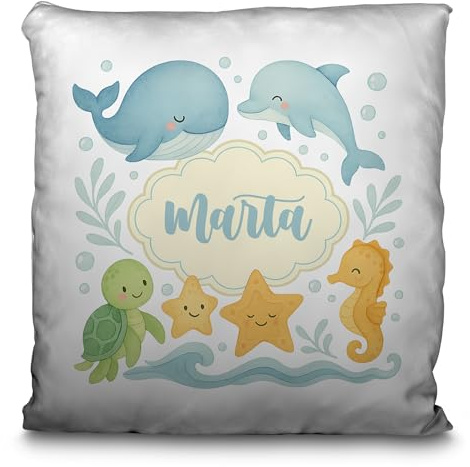Cojin Infantil Personalizado. Cojin Niño Colegio o Guarderia. Cojines Personalizados Niños. Tejido de poliéster con Cremallera Invisible. Cojín Personalizado Opción Doble Cara 35x35cm. Acuáticos