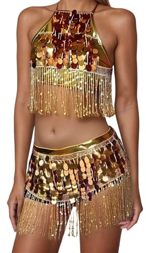 Rot Damen Pailletten Rock Set Bauchtanz Set mit Fransen Metallic Glitzer Neckholder Top und Strass Samba Tanz Hüfttuch Performance Kostüm Faschingskostüme für Karneval Party Disco Outfit Grün Rot