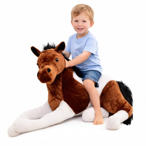 Xiyocadt Großes Kuscheltier Pferd 70/90 / 130 cm Plüschpferd zum Draufsitzen Reitbares Pferd Spielzeug für Jungen und Mädchen (Hellbraun gesprenkelt,90CM)