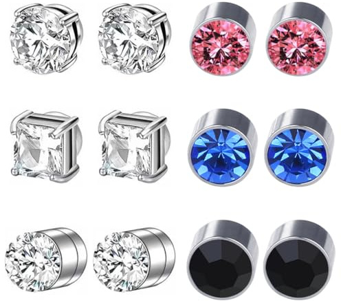 VONJUMA 6 Paia Orecchini Magnetici Uomo Senza Piercing Non Perforanti Orecchini Donna Orecchini Finti Uomo Magnetici Calamita Magneti Orecchini Rotondi Quadrati Argento Rosa Blu Nero