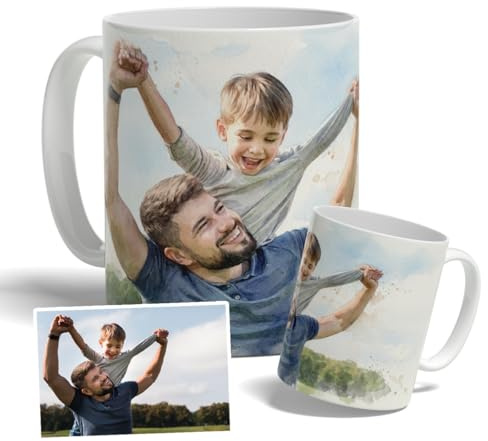 DEREGALOOS Taza Personalizada con Foto Estilo Retrato Acuarela Artística | Taza de Cerámica 330ml con IA y 8 Estilos | Regalo Original para Pareja, Amigos, Familia, Abuelos, Cumpleaños