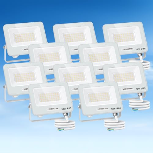 Aigostar Foco LED Exterior 30w, 2450LM Foco Proyector LED, IP65 Impermeable Luz de Seguridad, Natural 4000K Luces exterior, Para Jardín, Patio, Garaje, Paquete de 10