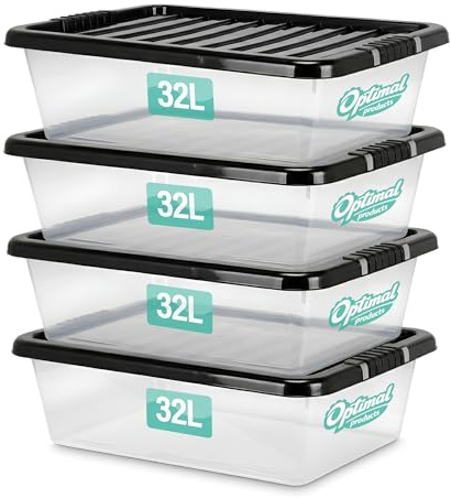 4 x 32 Litre Underbed Plastic Storage Boxes with Lids Set of 4, Clear Multipurpose Nestable Stackable Plastic Storage Box 32L Clear Containers Boxes For Home, Kitchen, Office, Garage, Accessories