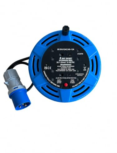 Camping Tent Electric Mains Hook up Reel Caravan Power Cable 16A Plug 10M with Thermal Cut-Out (Blue)