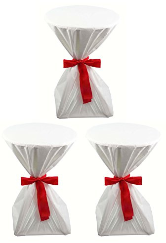 Sensalux 3X Stehtischhusse, Oeko-TEX®100, abwaschbar, weiß, 60 cm, Schleifenband, Husse für Stehtische, Bistrotisch, Tischüberzug, stoffähnliches Vlies, ideal für Party, Catering