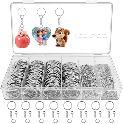 WZYTEU 450 Stk Schlüsselring mit Kette, Öffnungsring, Schraubösen Set | Schlüsselanhänger Ringe für Schlüssel Handwerk DIY, Schmuckherstellung, mit Organizer Box