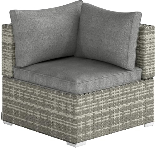 Outsunny Outdoor PE Rattan Corner Sofa Garden Wicker Furniture Light Grey | Single Sofa Chair, w/ Cushions