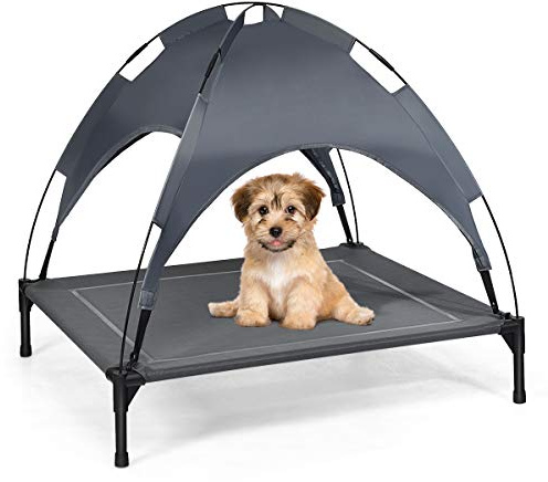 DREAMADE Hundeliege Outdoor mit Dach, Erhöhtes Hundebett Hundeliegeplatz aus Stoff, Haustierbett mit Dach, Schlafplatz für große Hunde bis 40 kg/ 50 kg, Haustierbett für Indoor & Outdoor (L)