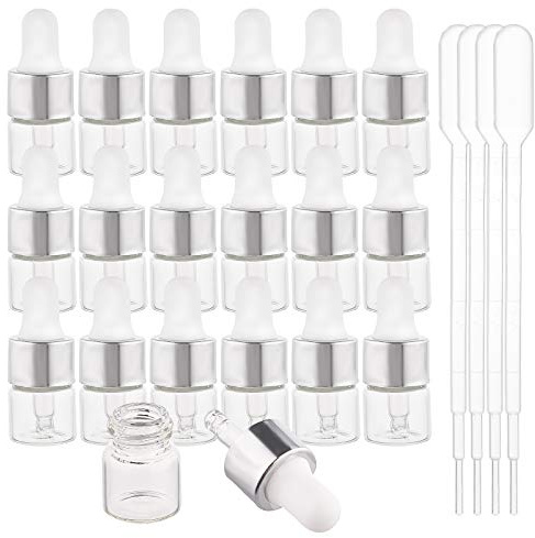 BENECREAT 30 Packung 1ml Klarglas Tropfflasche Augenflaschen mit ätherischen Ölen, silbernen Kappen und 4PCS Tropfflasche für Aromatherapiekosmetik Samplep