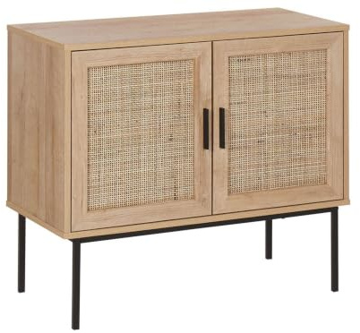 Beliani Modernes Sideboard 2 Rattan-Türen Heller Holzfarbton Schwarze Metallbeine Pasco