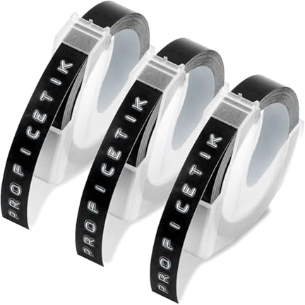 PROFICETIK Embossing Tape Compatible with Dymo Omega Label Tape Black 9mm 3D Vinyl Self-Adhesive White on Black Embossing Labels Compatible with Dymo Omega Junior Embossing Label Makers, 3-Roll