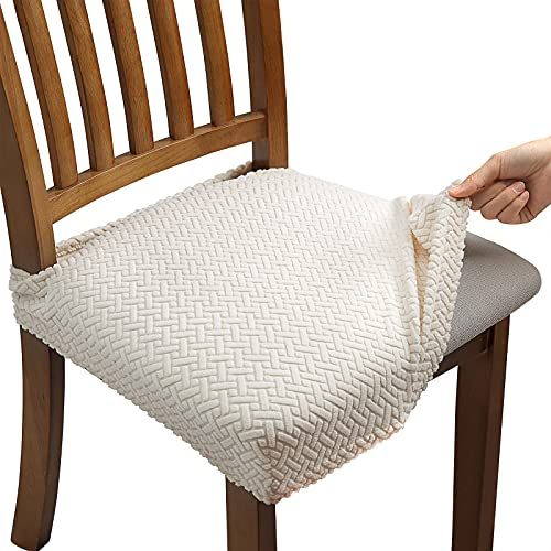 Fuloon Stuhlbezug Sitzfläche 6er Set, Stretch Stuhl Sitzbezüge für Esszimmer, Abnehmbare Waschbar Bezug für Stühle Stuhlhussen für Bankett, Party, Hotel (Beige, 6)