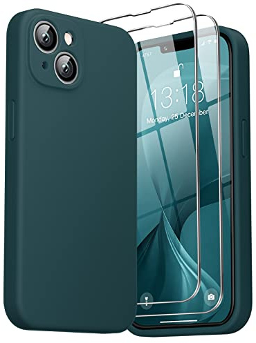 GOODVISH 3 in 1 Liquid Silikon Hülle für iPhone 14 Hülle, DunkelGrün | mit 2 Stück Schutzfolie, Stoßfester Kratzfestem Handyhülle Schutzhülle Soft Mikrofaserfutter Case für iPhone 13 6.1